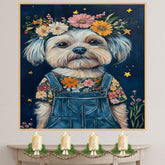Dog Wall Art in Overalls and Floral Shirt Whimsical Animal Nursery Decor Farmhouse Bedroom Wall Art Cottage Country Room Decor Gift for Dog Lovers on Ready to Hang 1.5" Thick Canvas Wrap, Floating Framed Canvas, Flat Rolled Canvas